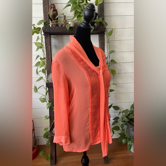 Banana Republic: Orange Peach Pleated Blouse with Neck Tie - Picture 7 of 17